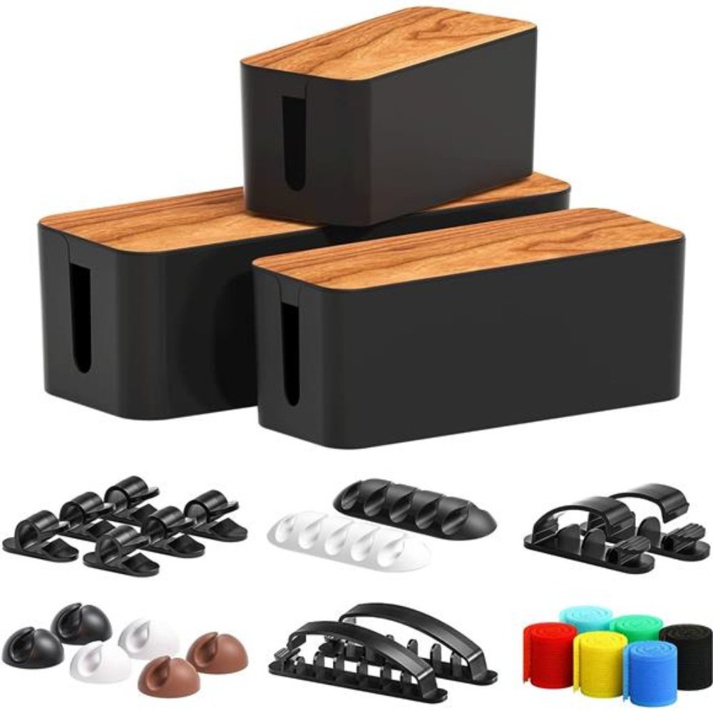 Cable Management Box 3 Pack with 16 Cable Clips Set-Large & Medium &Small Wooden